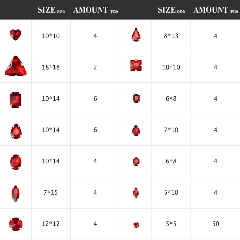 Dowarm Sew on Rhinestones 104 PCS Mixed Shapes Glass Sew on Crystals for Crafts Metal Flatback Claw Gemstones for Jewelry Making Costumes Clothes Garment, Red - Image 3